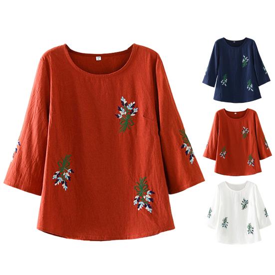 Women Summer T-shirt Flower Embroidery Three-quarter Sleeve Loose Plus Size Round Neck Match Pants A-line Breathable Retro Spring Summer Top Women
