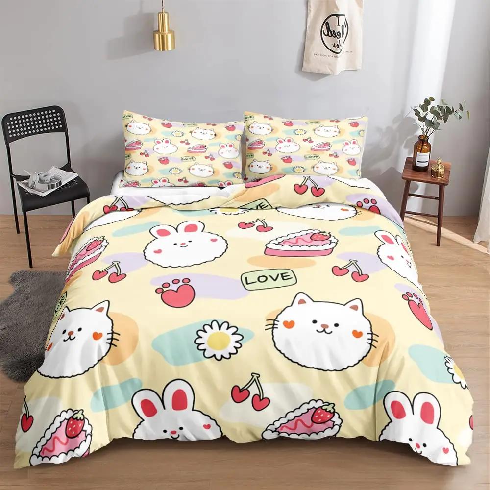 Kawaii Cat Duvet Cover Set for GirlsCute Cartoon Animal Kitten Bedding Set Lovely Romantic Theme Soft Comforter Cover Full Size