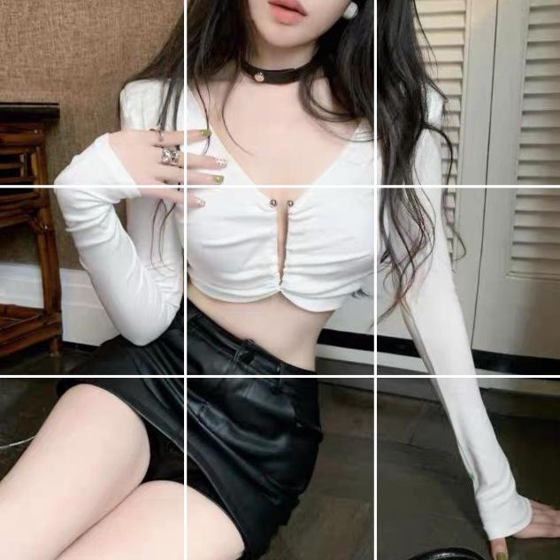 

Женский облегающий укороченный топ с длинными рукавами и вырезом - осенний стиль 5413 One Size белый