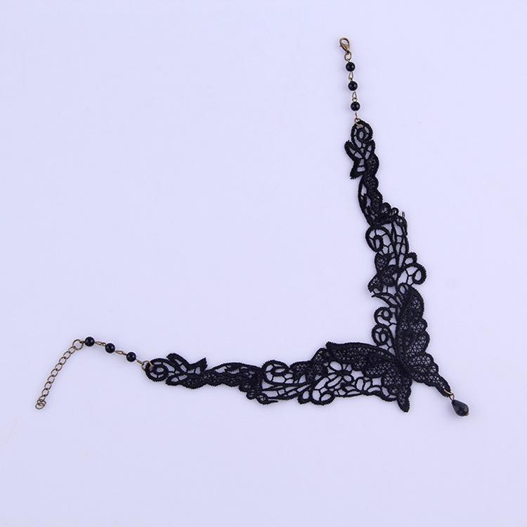 Korean Fashion Black Lace Butterfly Necklace with Gemstones – Vintage Court Teardrop Choker