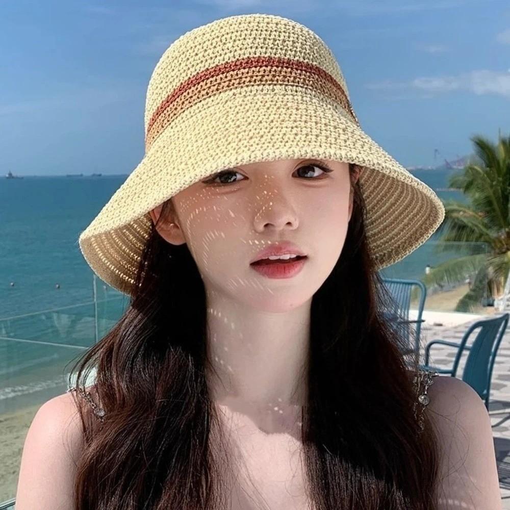 Flat Brim Hollow Straw Cap Contrast Stripes Sun Hat Simple Wide Brim Bucket Hat  Outdoor