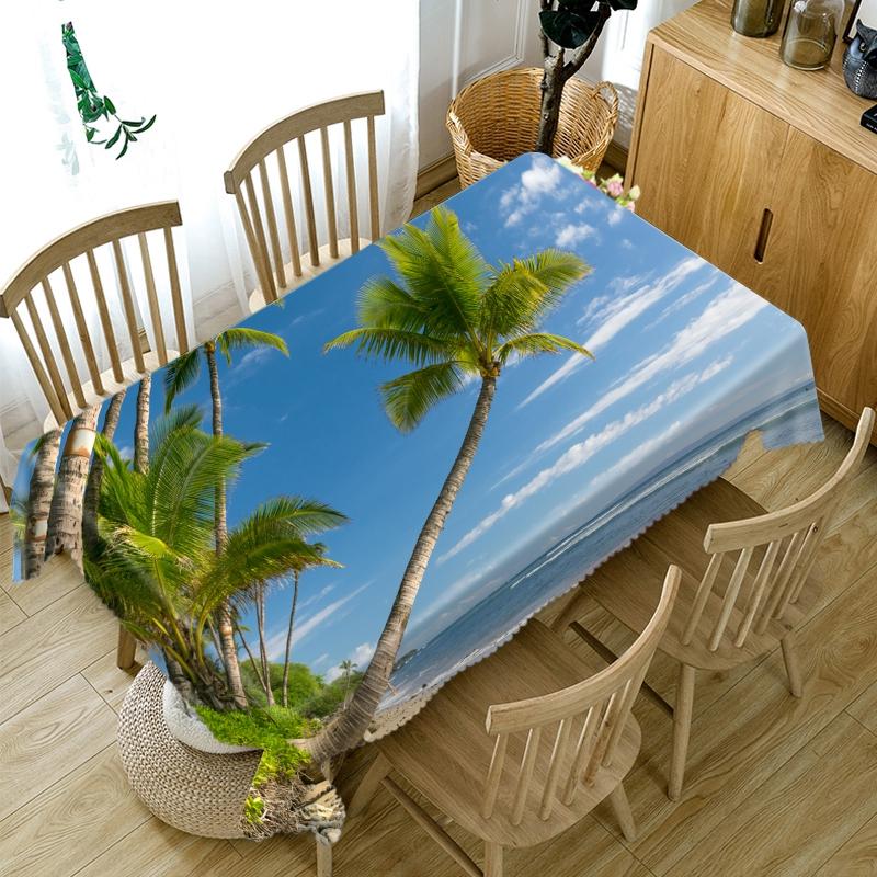 Tischdecke mit Strand-, Meereslandschafts- und Kokosnussbaum-Muster, dicke Baumwolle, rechteckig, rund, für Hochzeits-Picknick-Partys