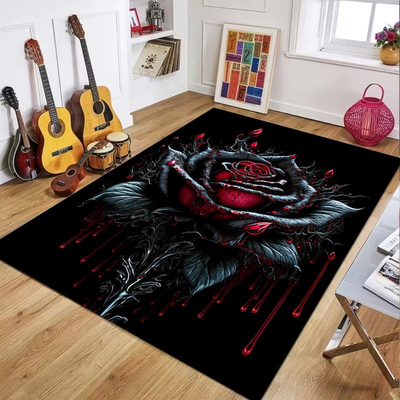 2D Dark Rose Area Rug Gothic Red Flower Pattern Carpet for Living Room Decor Soft Non Slip Floor Mat Living Room Decoration