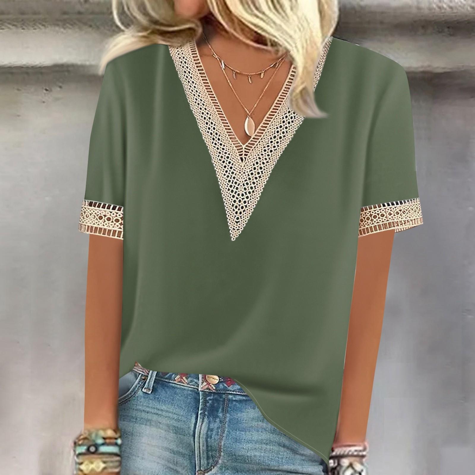 

Женская рубашка, блузка, повседневные свободные рубашки с короткими рукавами и кружевной отделкой, топы с v-образным вырезом и принтом, топы с принтом, футболки, футболки XXXL