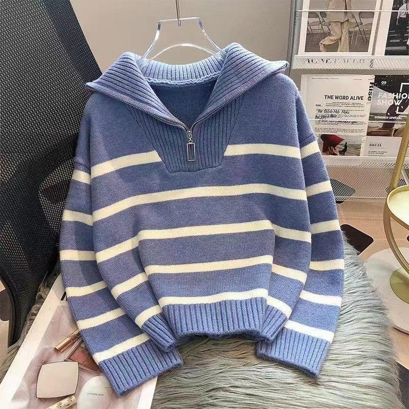 Knitted striped sweater women's autumn and winter autumn lazy wind lapel zipper knitted jacket women's pullover long-sleeved top