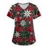 Plus Size Printed Scrub Working Uniform Tops For Women's V-Neck Christmas Print Short Sleeve Fun T-Shirts Workwear Tee With Pockets