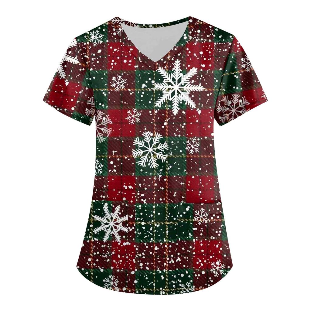 Plus Size Printed Scrub Working Uniform Tops For Women's V-Neck Christmas Print Short Sleeve Fun T-Shirts Workwear Tee With Pockets