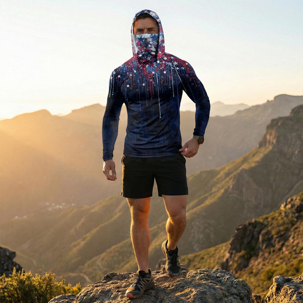 Men's Casual Raglan Sleeve Hooded Long Sleeve Sun Protection Shirt Lightweight Breathable Fabric All Over Print Design