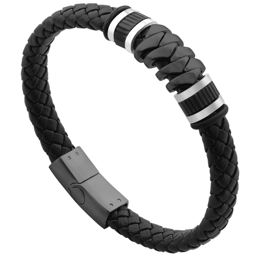 Men's Retro Leather and Titanium Steel Magnetic Buckle Bracelet