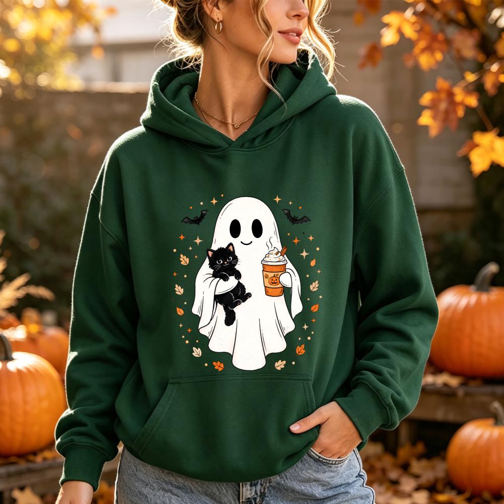 Cute Ghost Black Cat Sweatshirt Spooky Halloween Pumpkin Coffee Print Pullover Fall Winter Casual Long Sleeves Tops Unisex