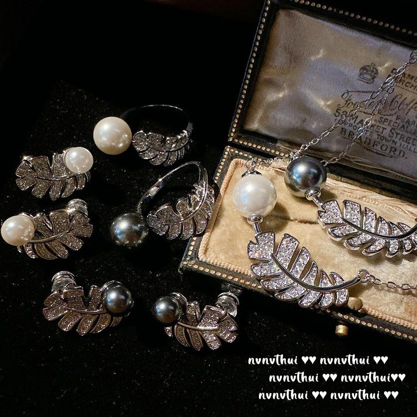 Mermaid Tears, Feather Gem Pearl Necklace, Tahiti, Lady Grey Bead Earrings, Feather Zircon Ring