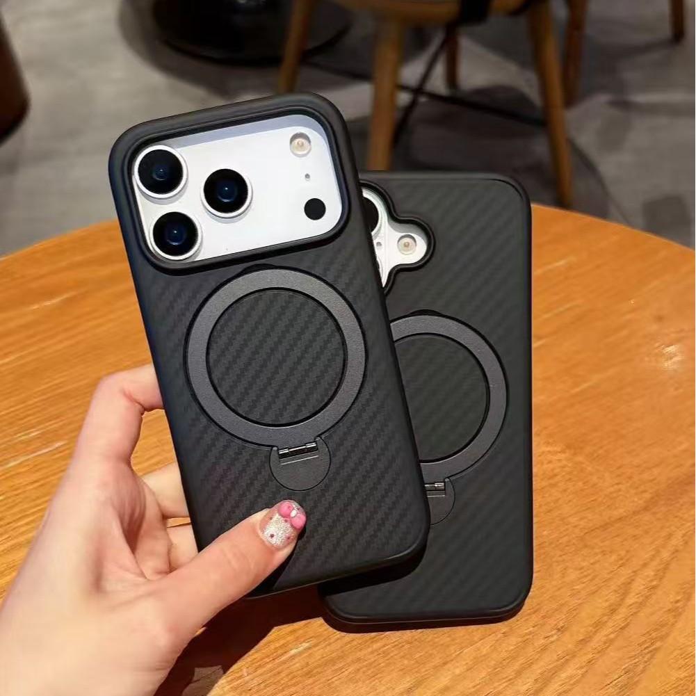 Applicable iPhone17ProMax Magnetic Rotary Stand Mobile Phone Case Apple 16 Star Mesh Carbon Fiber Pattern Protective Case