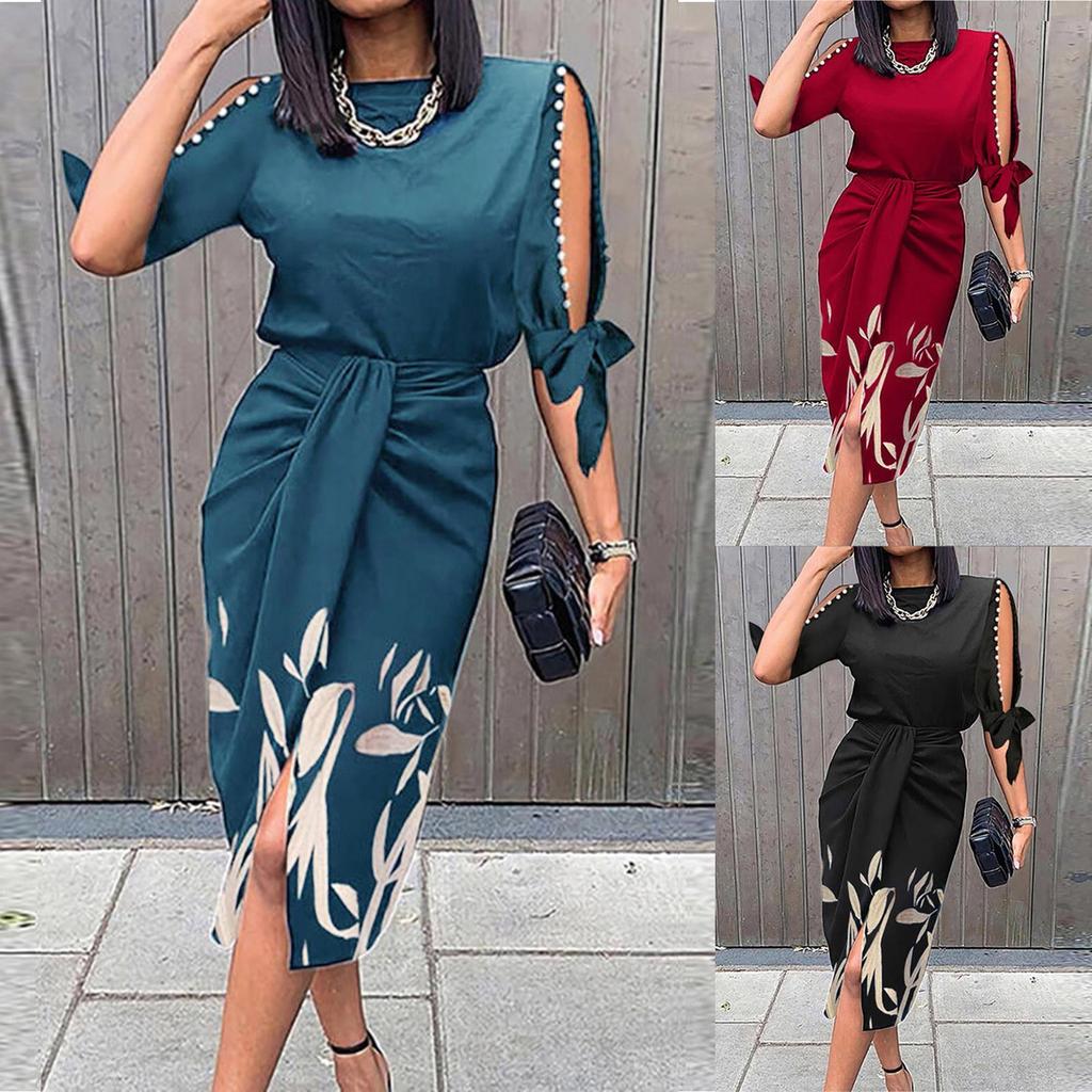 Women's Fashion Five-part Sleeve Strap Hollow Printed Sleeve Slim Dress