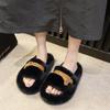 Internet Celebrity Thick-soled Cross-strapped Fluffy Shoes for Women's Autumn and Winter Wear 2025 New Retro One-word Drag Soft-soled Household Cotto