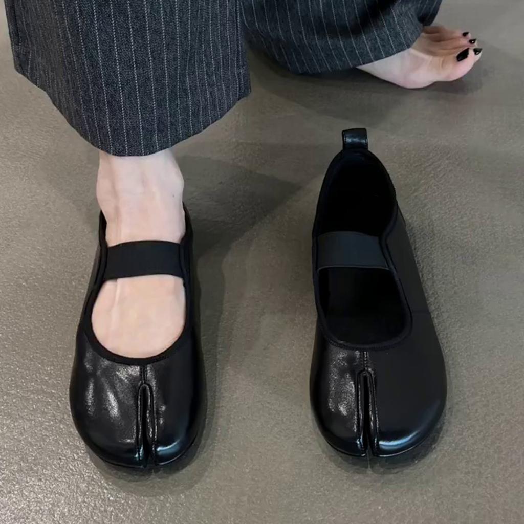 Sheepskin Version~ Retro Versatile Round Head Split Toe Inner Height Increase Soft Sole Female Soft Comfortable Simple Word with Light Mouth Single 