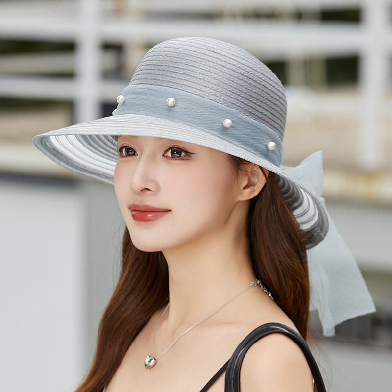 Summer Elegant Organza Fisherman Hat For Women Wide Brim Pearl Bow Sun Hat Mom's UV Protection Beach Hat 2026 New
