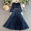 Spring Autumn Women Print Flower Runway Dresses V-neck Big Swing Long Maxi Pleated Holiday Party Dress With Belt