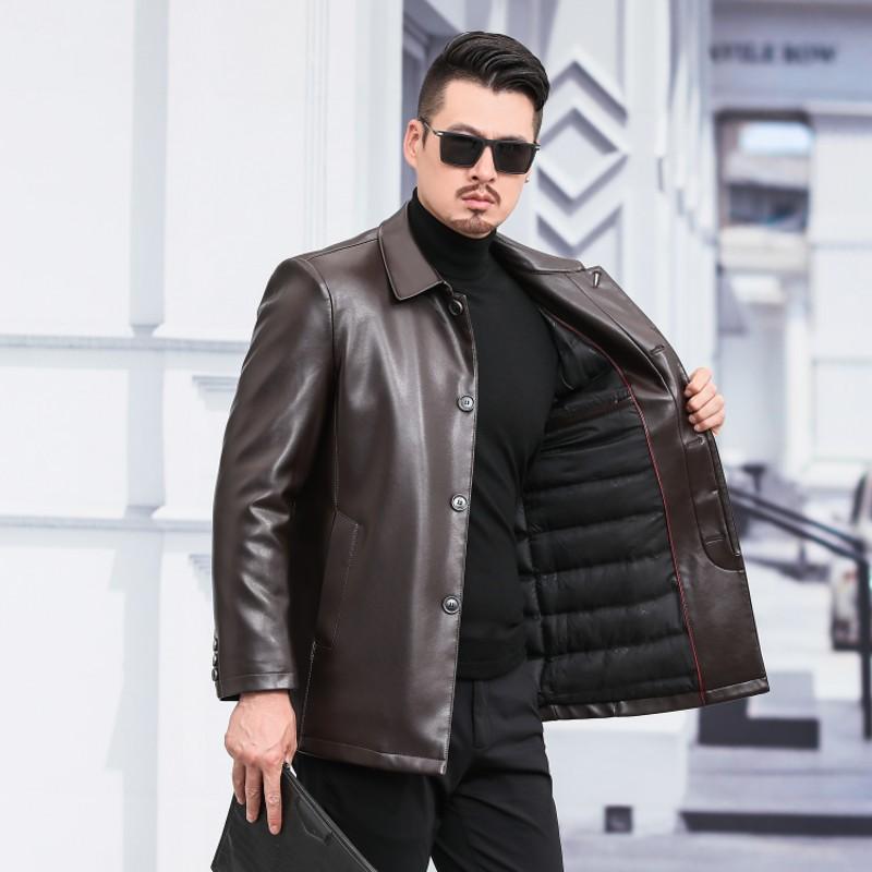 

Утепленный кожаный пуховик, Мужская кожаная куртка с лацканами, Мужская кожаная куртка, Костюм отца, Съемная подстежка, Кожаная куртка L
