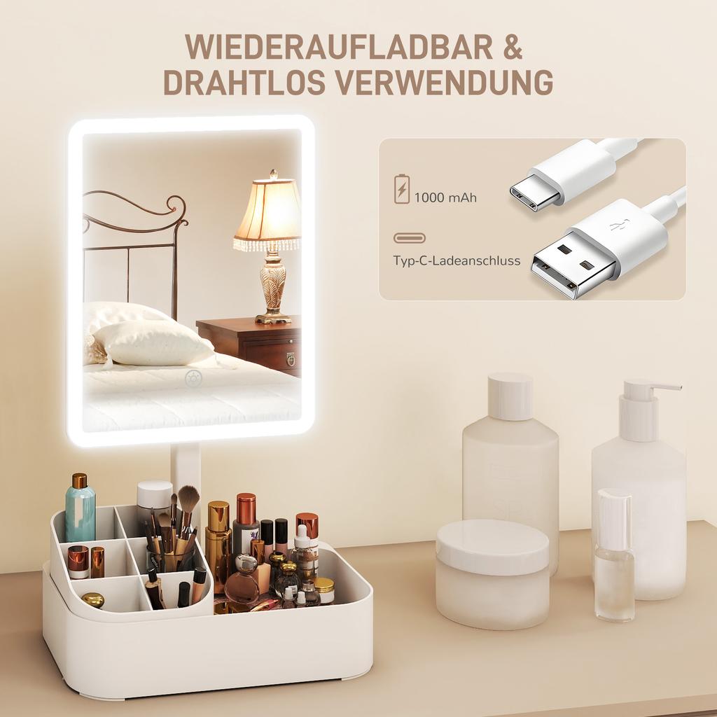 Makeup Mirror with Lights, Rechargeable Vanity Mirror w/ Touch Screen, 2 Lighting Modes and 180 degrees Rotation, White