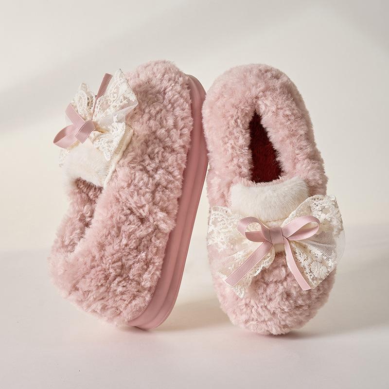 Bow cotton slippers female cute autumn and winter new home warm thick bottom ladies couple household fluffy slippers