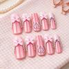 24Pcs Long French Tip Press on Nails, 3D Pink Bow Rhinestone Stick-on Nails for Women, Removable Full Cover Glue on Fake Nails