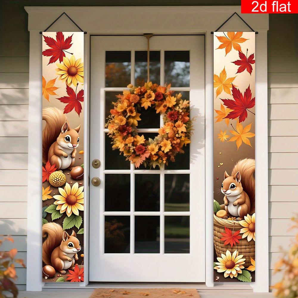 Fall Thanksgiving Porch Sign Cartoon Squirrel Nut 1 Pair Polyester Indoor Outdoor Decor