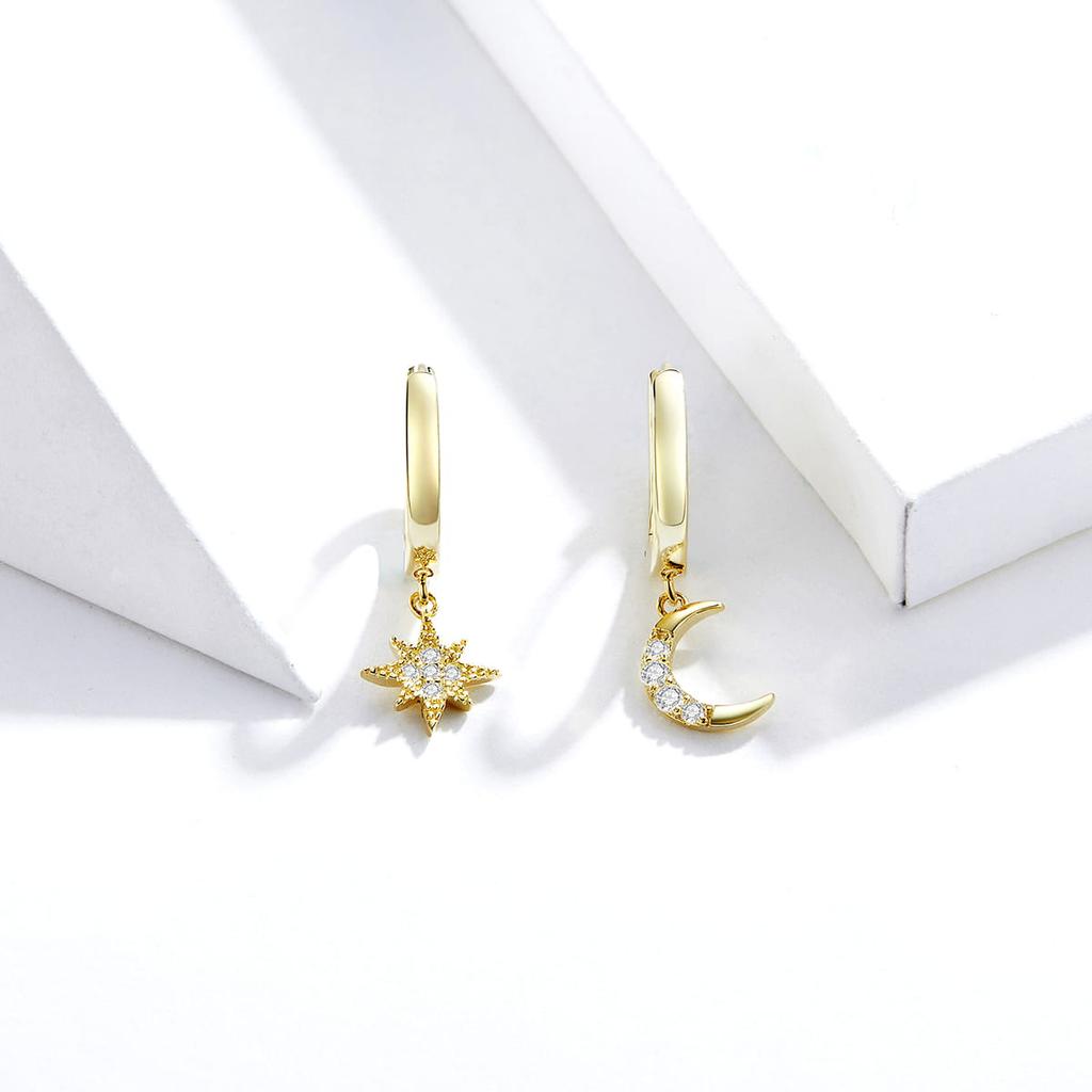 Star and Moon Gold Plated Silver Hoop Earrings 925 Silver
