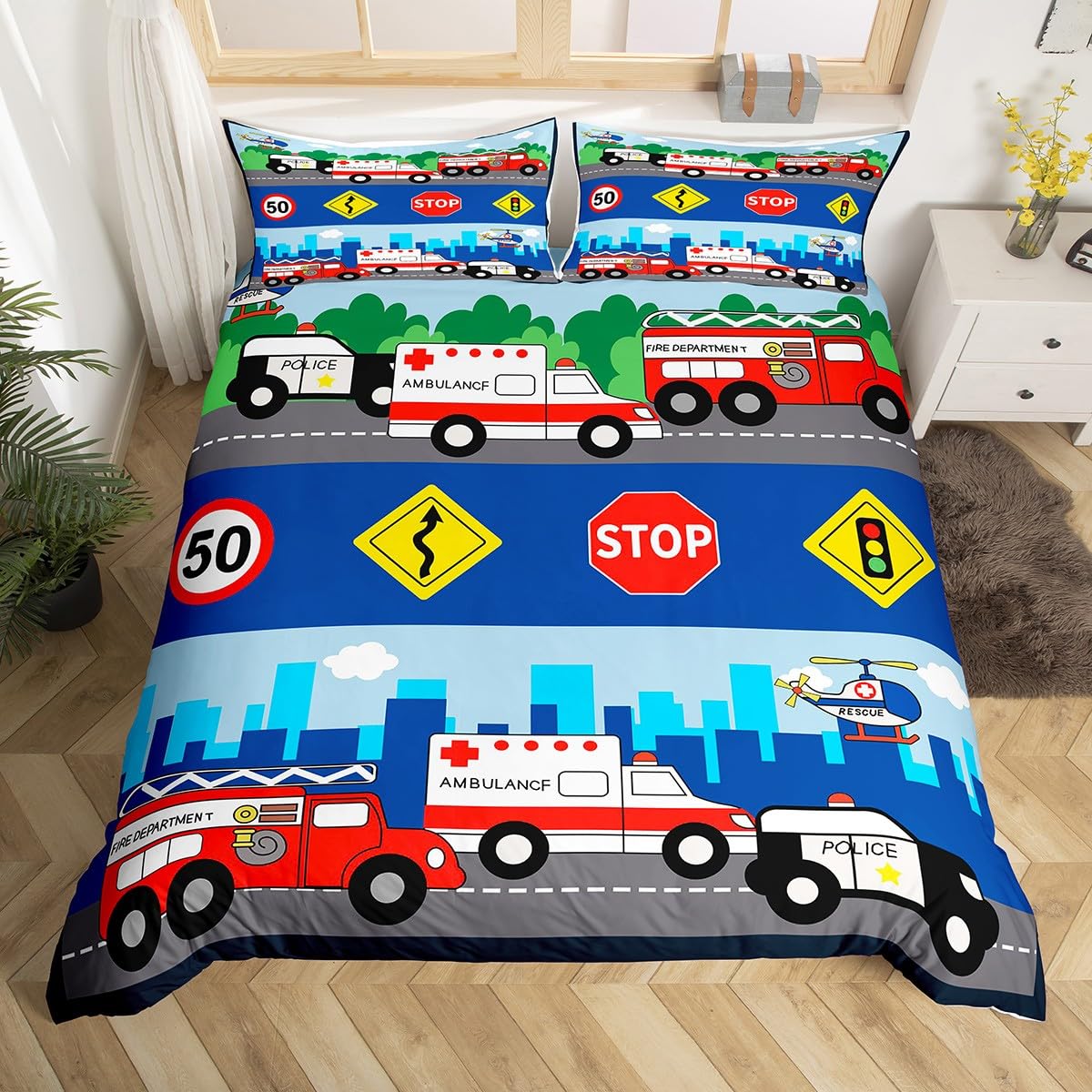 

Police Car Kids Down Duvet Cover Set Queen King Size Cartoon Fire Truck Bedding Set Boys Teenager Quilt Set 3 Pcs Super Soft EU Single(135*200cm)3pcs