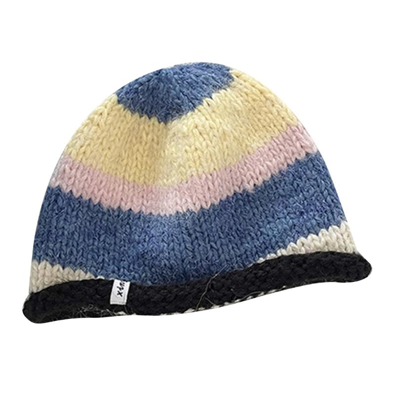 Traveling Bucket Hat Crochet Striped Plush Fisherman Hat for Y2K Girls Shopping