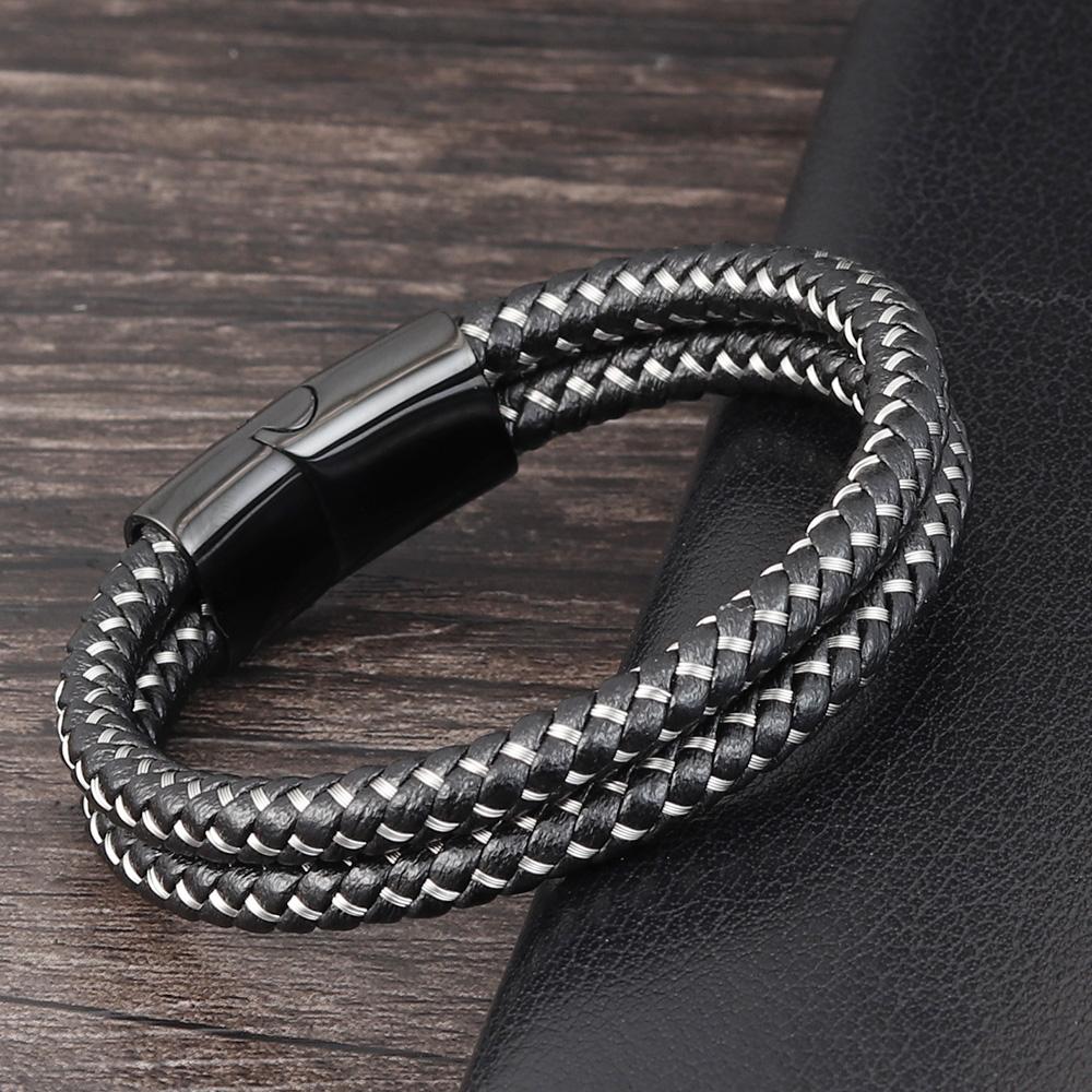 Classic Style Leather With Stainless Steel Stitching Combination Men's Bracelet Black/Steel Buckle Party Accessories Gift