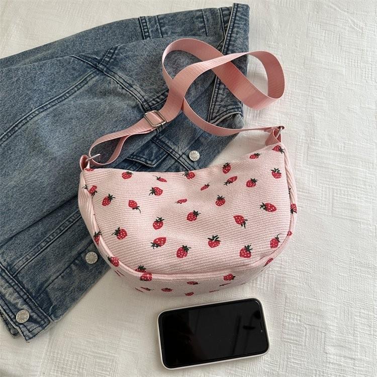 Chic 2024 New Women's Strawberry Print Sling Bag In White Black Pink Brown Colors