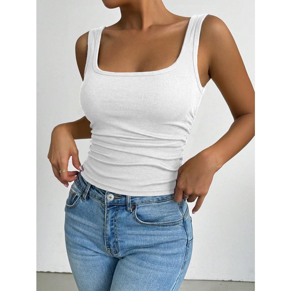 Damen Quadratischer Ausschnitt Geripptes Tanktop, Dehnbares Schlankes Ärmelloses Basisschicht, Atmungsaktives Tägliches Pendler-Westen S weiß
