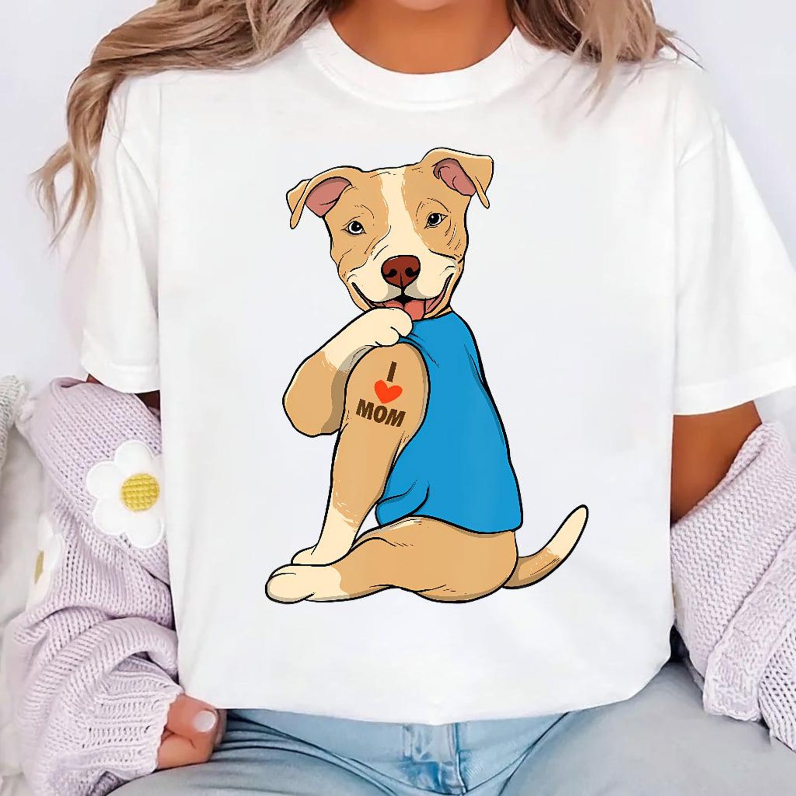 I Love Mom Pitbull Tattoo Shirt, Dog Lover Mothers Day Gift, Pitbull Mom Tee, Tattoo Style Dog, Canine Lover Gift, Cute Pitbull Owner L