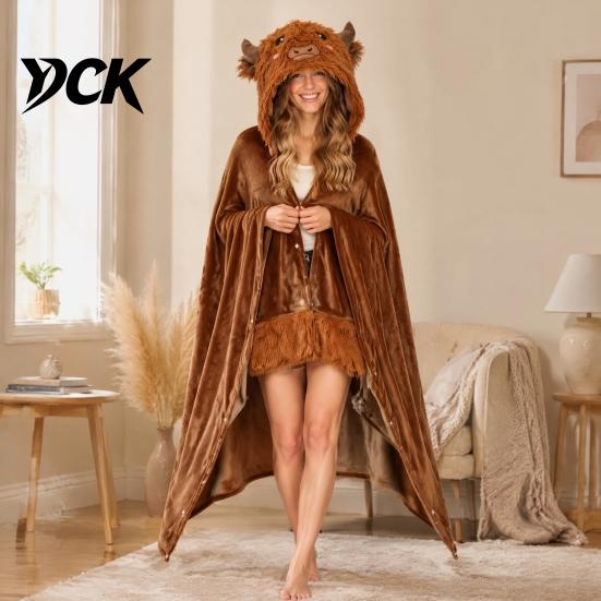 Langarm-Plüschdecke Tier-Tragbarer Hoodie für Damen, Übergroßes Flanell-Sweatshirt Weiche Loungewear-Decke, Knopfleiste Cosplay-Umhang Nachtwäsche