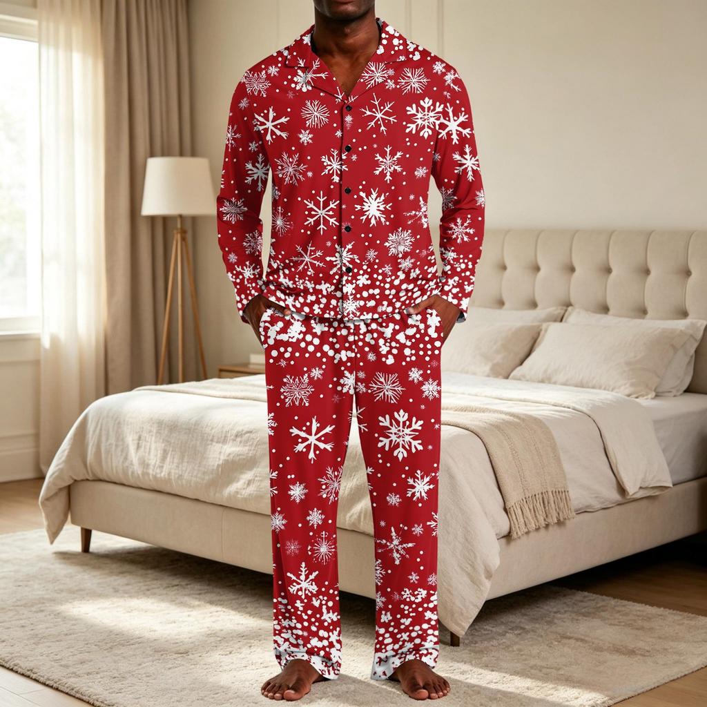 Kerstpyjamaset voor heren met knopenhemd en rechte broek, Casual print nachtkleding tweestukken outfit, Feestelijke loungewear voor de feestdagen
