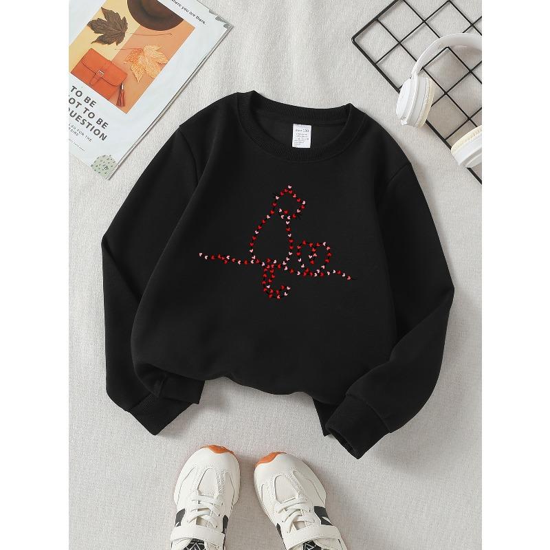 European Sizes Girls' Soft Crewneck Sweatshirt, Red Heart Pattern Print with Cute Design, Casual All-Match, Ideal Holiday Present