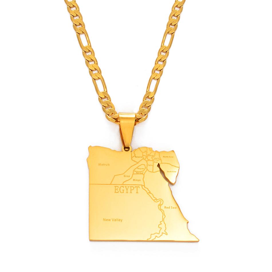 Anniyo Country Egypt Map States Pendant Necklaces for Men Women Gold Color Jewelry Egyptians Maps #166221 45cm or 17.7 Inches