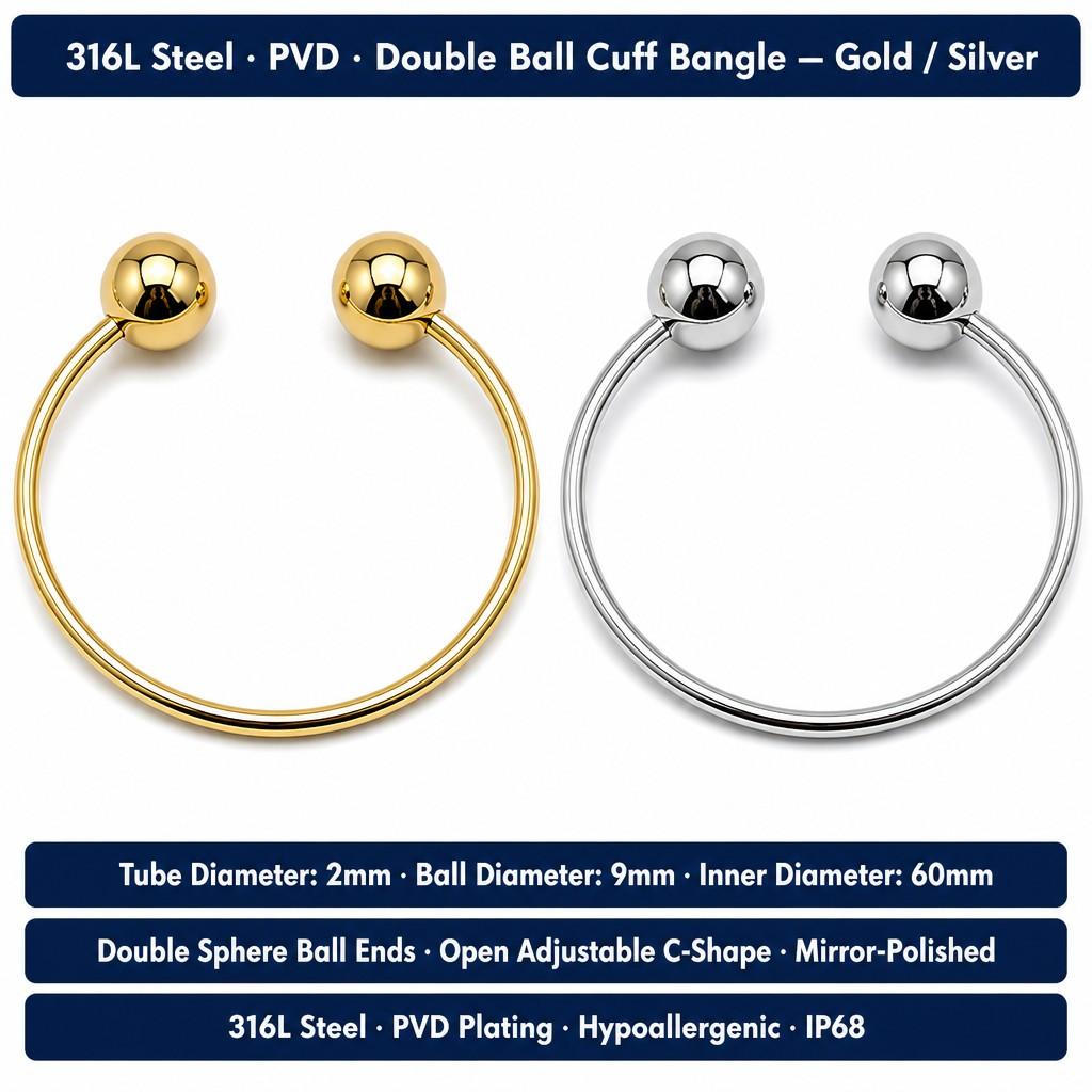 18K Gold Plated Female Stainless Steel Cuff Bracelet Silver Color Solid Metal Ball Bracelet Fashionable Cuff Bangle