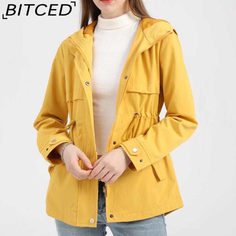 BITCED Lightweight Trench Coat Mid-Length Hooded Jacket Long Sleeves Fitted Waist Outdoor Rainproof Clothing