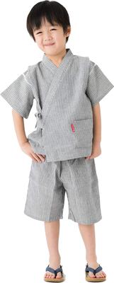 Watanosato Made In Japan Hickory Pattern Crepe Woven Casual Jinbei for Boys Gray (Size 90, Stripes)