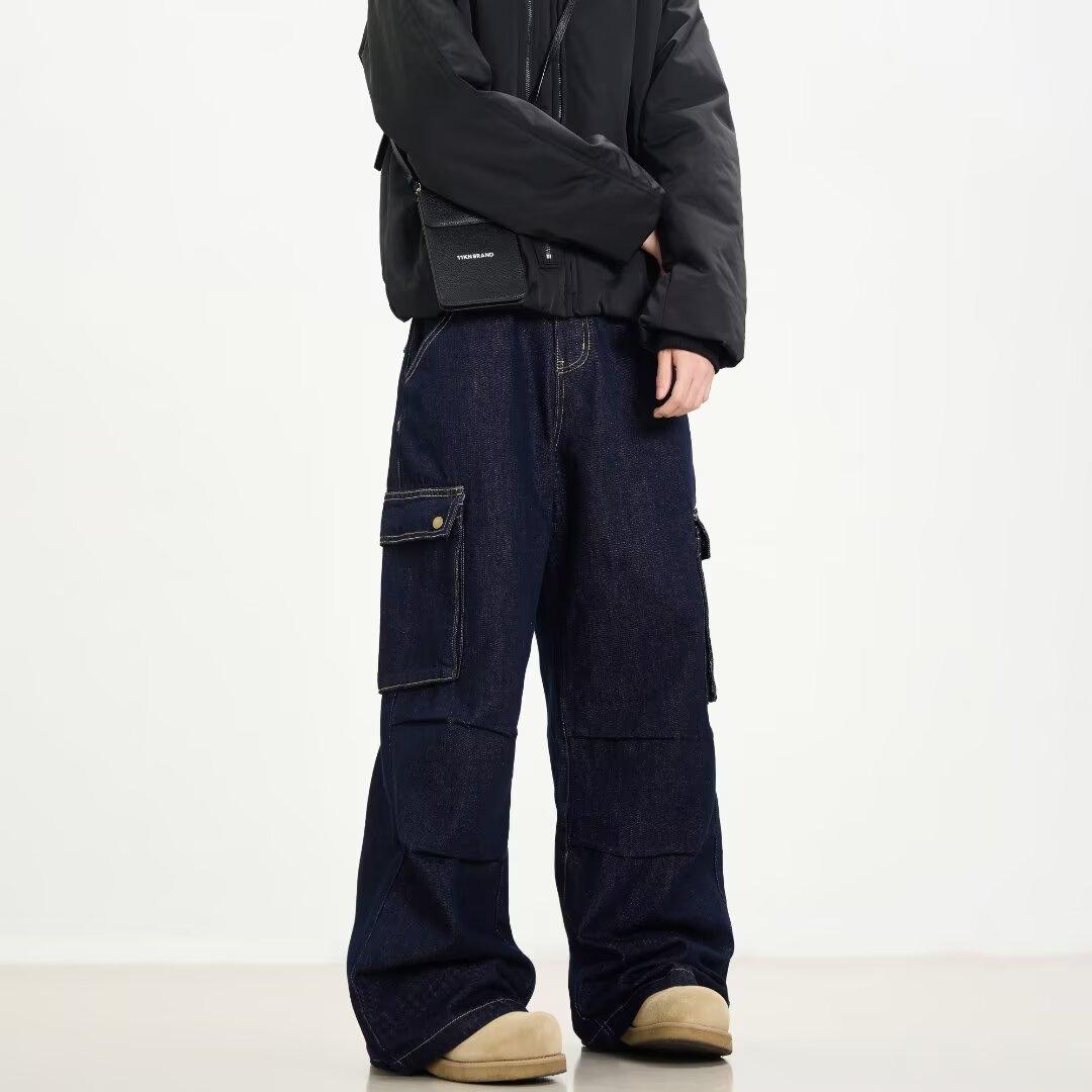 

Американские джинсы High Street мужские осенние трендовые брендовые свободные широкие прямые брюки с микроклешем 3XL темно-синий