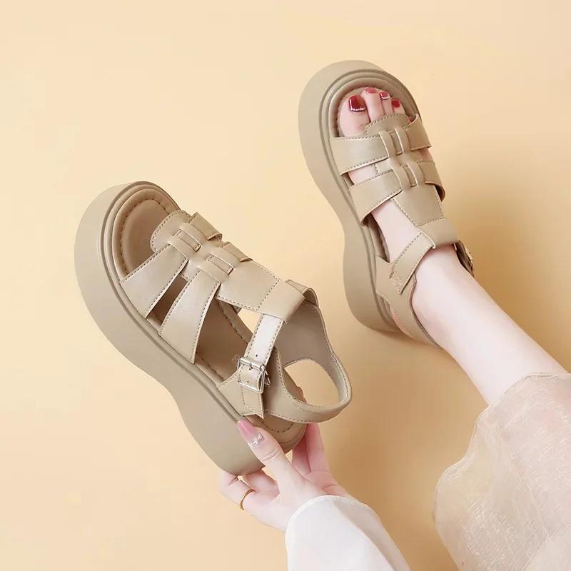 

Корейский стиль Толстый каблук Римские сандалии Женские Летние Новые Мягкая кожа Плетеные Слипоны Пляжная обувь Модные На одном ремешке 40 бежевый