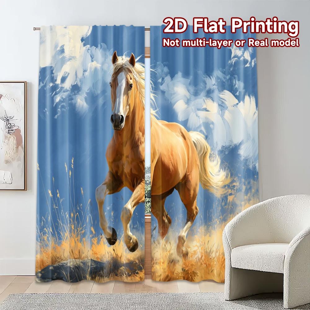 2pcs, 2D FLAT PRINTING Curtains (Without Rod) Golden Gallop Popular Curtains&Drapes Polyester Curtains Versatile All Decorative