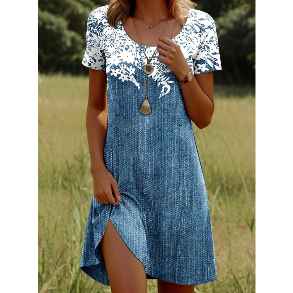 Women's Fashion Flower Pattern Print Summer Spring Short Sleeve O-Neck Casual Dresses