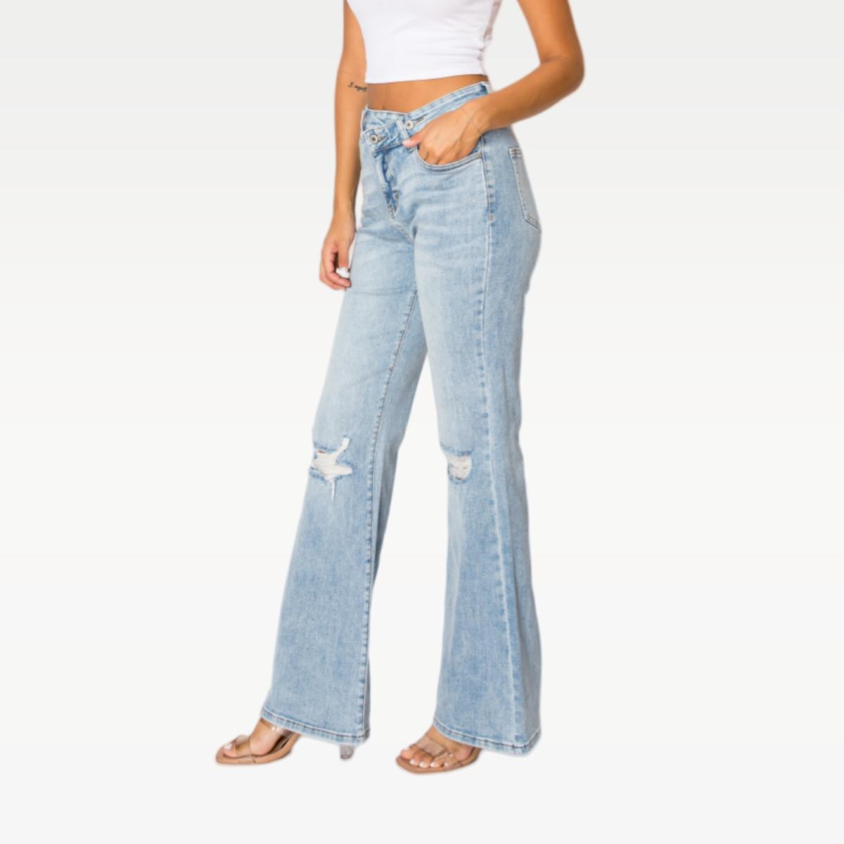 

Cross Waist Double Buckle High Stretch Ripped Flare Jeans Large світло-синій колір