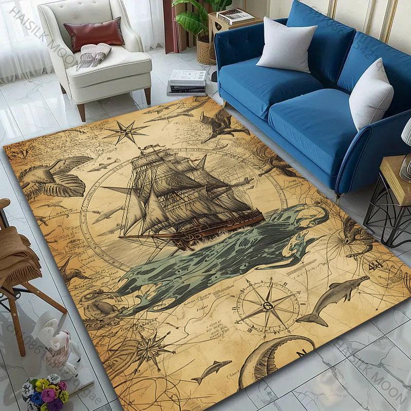 Multi-Size Retro Nautical Chart Pattern Carpet for Living Room Bedroom Sofa Home Decor Non-slip Floor Mat Play  Area Rug