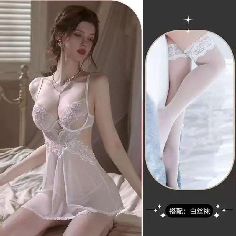 Sex Underwear Women's Low-cut Breast Burst Steel Tray Gathers Lace Suspender Skirt Set Sexy Temptation Transparent Pure Desire Nightdress