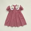 French Doll Collar Floral Embroidery Girls' Dress, Red Plaid, Short Sleeve, Sweet Summer Style
