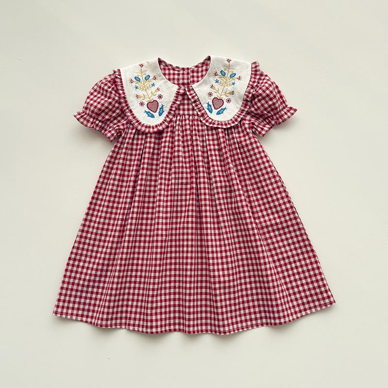 French Doll Collar Floral Embroidery Girls' Dress, Red Plaid, Short Sleeve, Sweet Summer Style