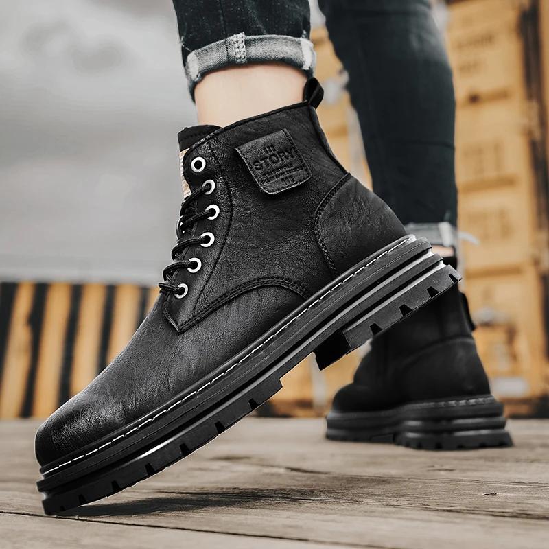 Italian Men Casual Leather  Boots 2024 New Classic Flat Designer Antiskid Ankle Boots Platform Rubber Lace-up Round Toe Boots